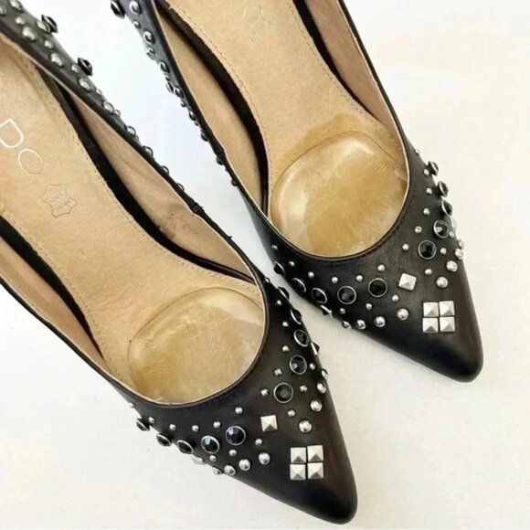Aldo Black Leather Pumps Pointed Toe High Heel Rhinestone Studded Stilettos 7.5 - Picture 11 of 16